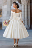 Ivory Corset Off the Shoulder Midi Wedding Dress with Detachable Bow