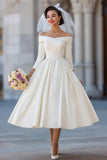 Ivory Corset Off the Shoulder Midi Wedding Dress with Detachable Bow