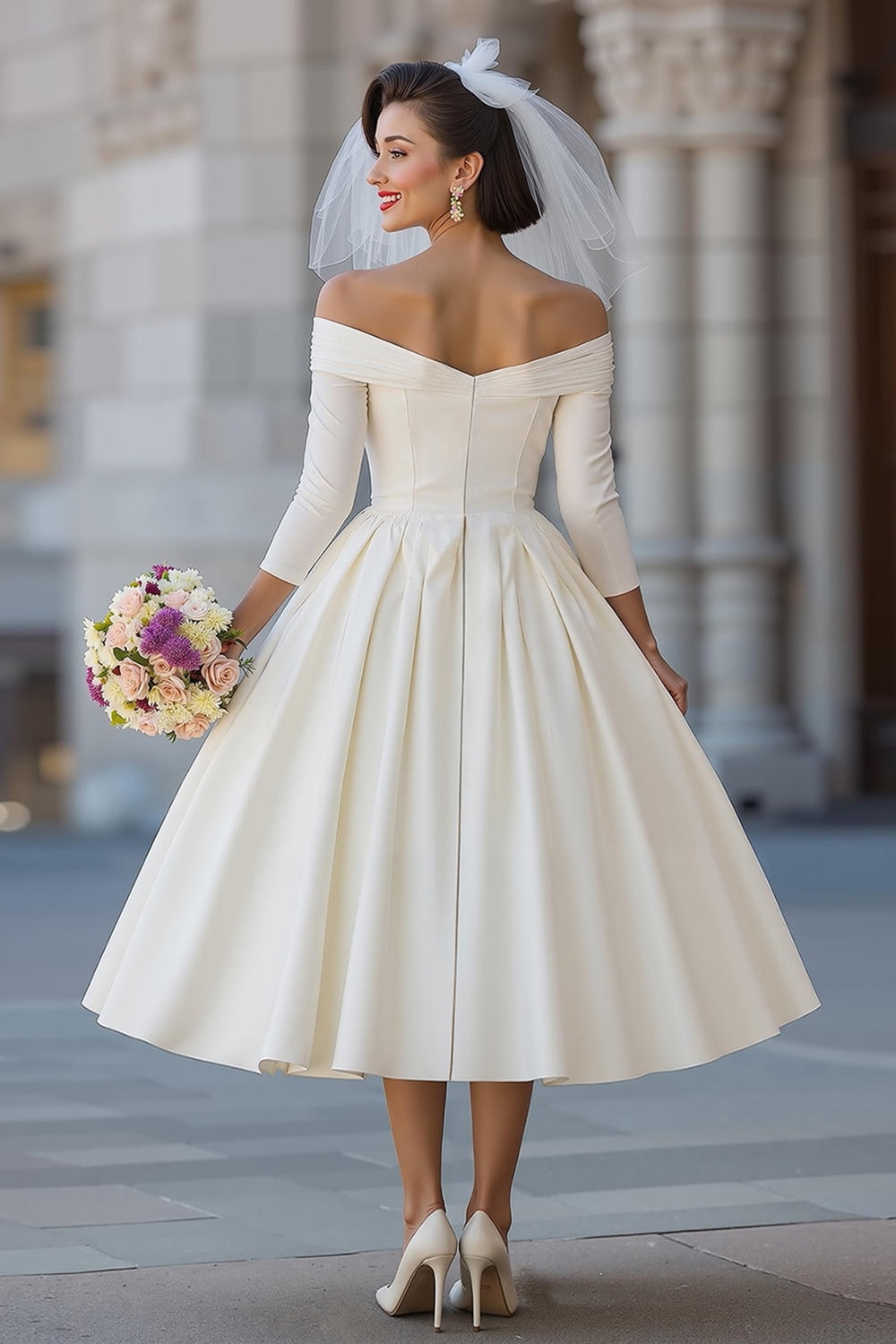 ZAPAKA Women Ivory Corset Off the Shoulder Midi Wedding Dress with Detachable Bow A Line Ruched Satin Bridal Shower Dress with 3/4 Sleeves, Ivory
