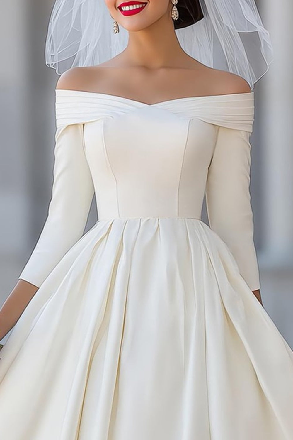 ZAPAKA Women Ivory Corset Off the Shoulder Midi Wedding Dress with Detachable Bow A Line Ruched Satin Bridal Shower Dress with 3/4 Sleeves, Ivory / ZAPAKA Women Ivory Corset Off the Shoulder Midi Wedding Dress with Detachable Bow A Line Ruched Satin Bridal Shower Dress with 3/4 Sleeves, Ivory /
