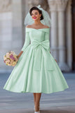 Ivory Corset Off the Shoulder Midi Wedding Dress with Detachable Bow