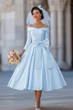 Ivory Corset Off the Shoulder Midi Wedding Dress with Detachable Bow