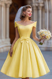 Off the Shouder Ivory Short Wedding Dress with Bow