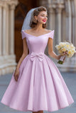 Off the Shouder Ivory Short Wedding Dress with Bow
