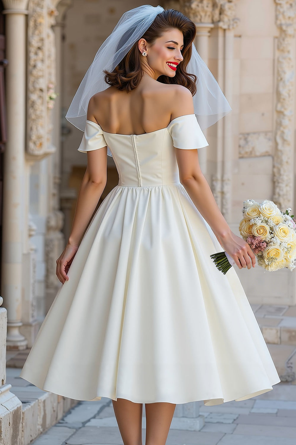 A Line Ivory Off the Shoulder Midi Wedding Dress with Bow A Line Ivory Off the Shoulder Midi Wedding Dress with Bow
