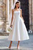 White A Line Spaghetti Straps Long Wedding Dress with Detachable Bow