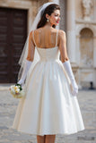 White A Line Spaghetti Straps Long Wedding Dress with Detachable Bow