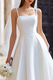 White A Line Spaghetti Straps Long Wedding Dress with Detachable Bow