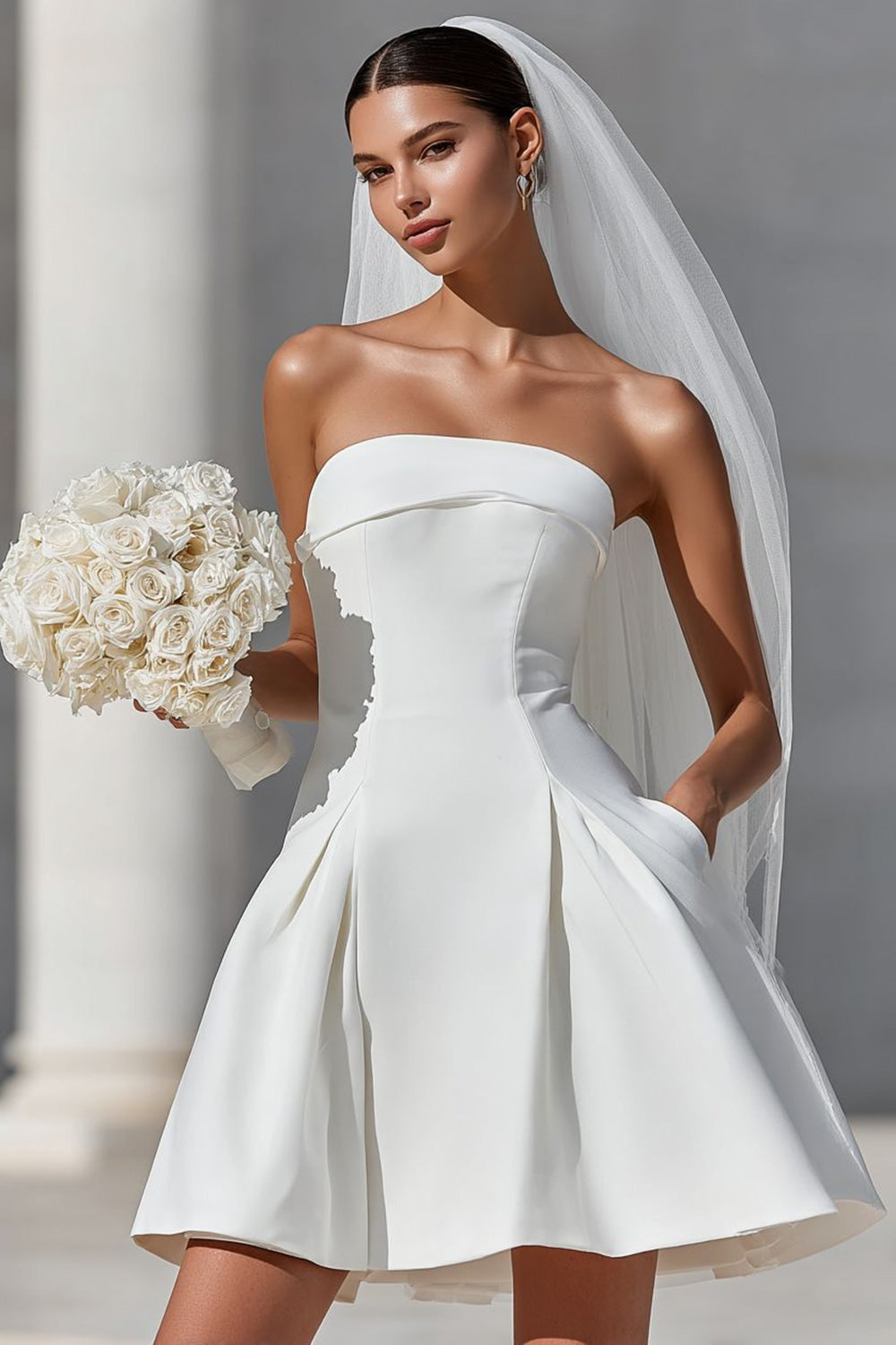 ZAPAKA Women White Corset Short Wedding Dress with Pockets Satin Strapless A Line Bridal Shower with Detachable Bow, White / US16W ZAPAKA Women White Corset Short Wedding Dress with Pockets Satin Strapless A Line Bridal Shower with Detachable Bow, White / US16W