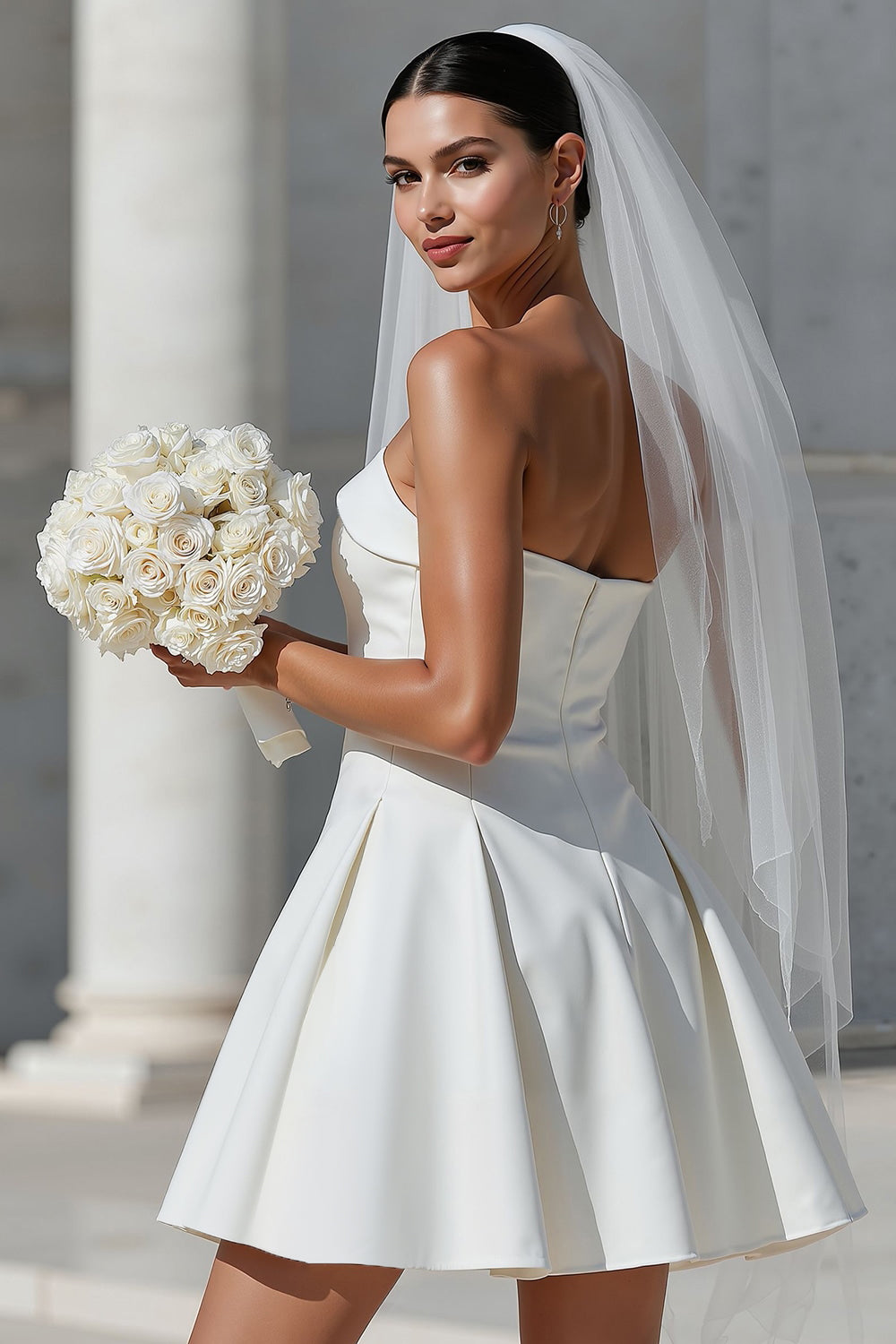 ZAPAKA Women White Corset Short Wedding Dress with Pockets Satin Strapless A Line Bridal Shower with Detachable Bow, White / US16W ZAPAKA Women White Corset Short Wedding Dress with Pockets Satin Strapless A Line Bridal Shower with Detachable Bow, White / US16W