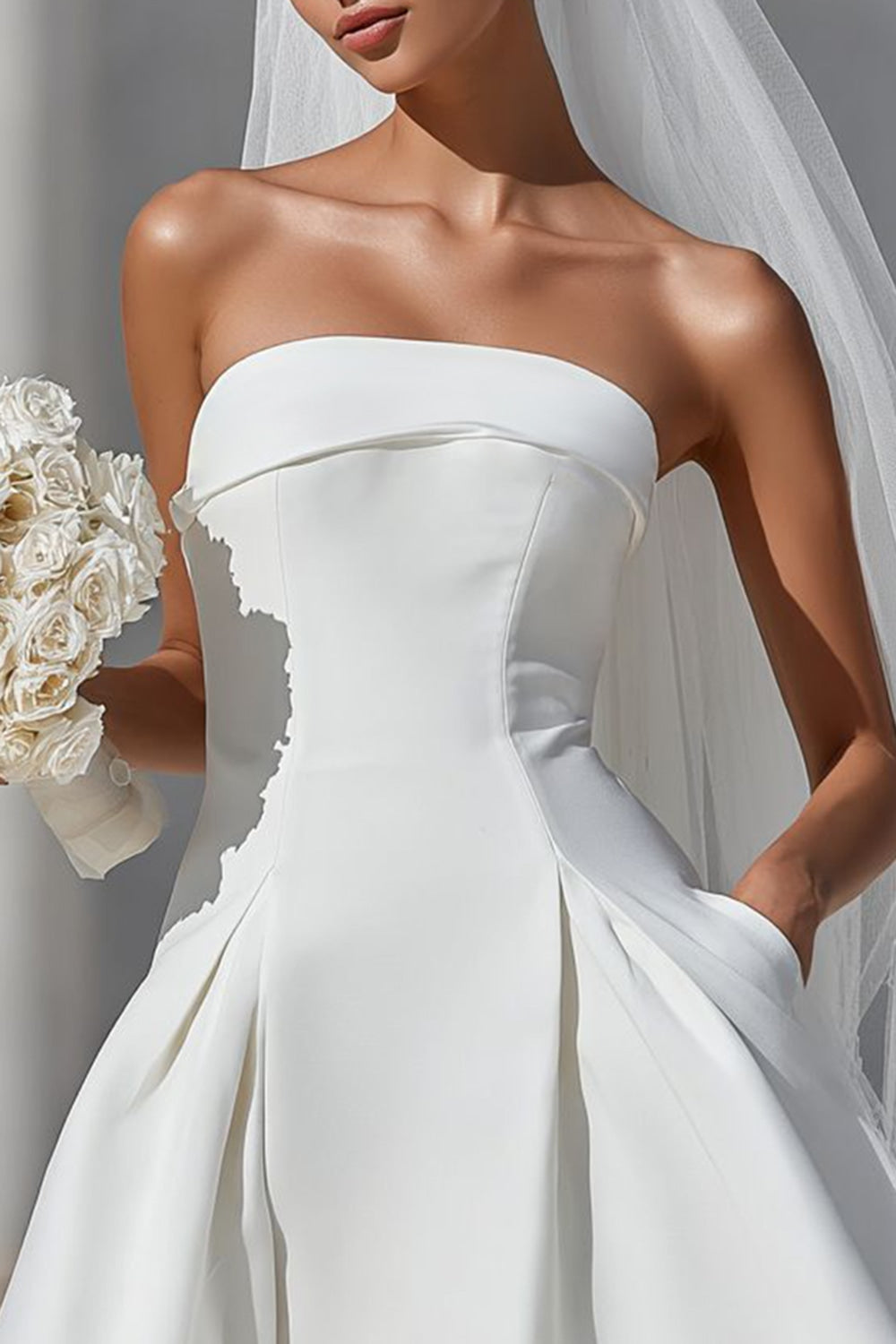 ZAPAKA Women White Corset Short Wedding Dress with Pockets Satin Strapless A Line Bridal Shower with Detachable Bow, White / US16W ZAPAKA Women White Corset Short Wedding Dress with Pockets Satin Strapless A Line Bridal Shower with Detachable Bow, White / US16W