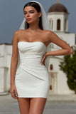 White Bodycon Strapless Ruched Short Wedding Dress
