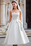 White A Line Spaghetti Straps Midi Wedding Dress with Bow