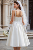 White A Line Spaghetti Straps Midi Wedding Dress with Bow