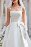 White A Line Spaghetti Straps Midi Wedding Dress with Bow