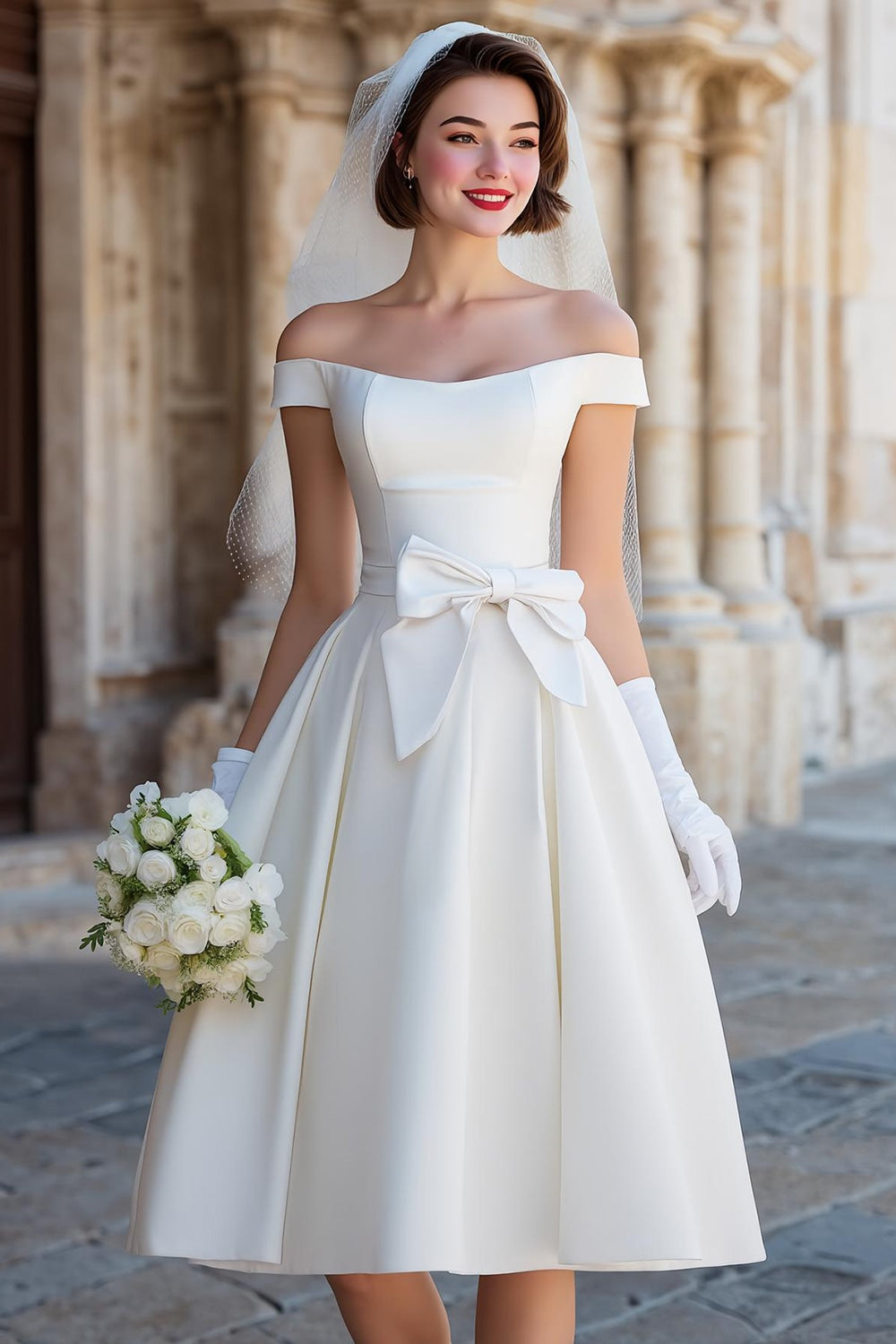 ZAPAKA Women White Off the Shoulder Midi Wedding Dress with Bows Corset Satin A Line Engagement Dress, White / US22W ZAPAKA Women White Off the Shoulder Midi Wedding Dress with Bows Corset Satin A Line Engagement Dress, White / US22W