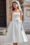 White Strapless A Line Midi Wedding Dress with Bow (without Gloves)