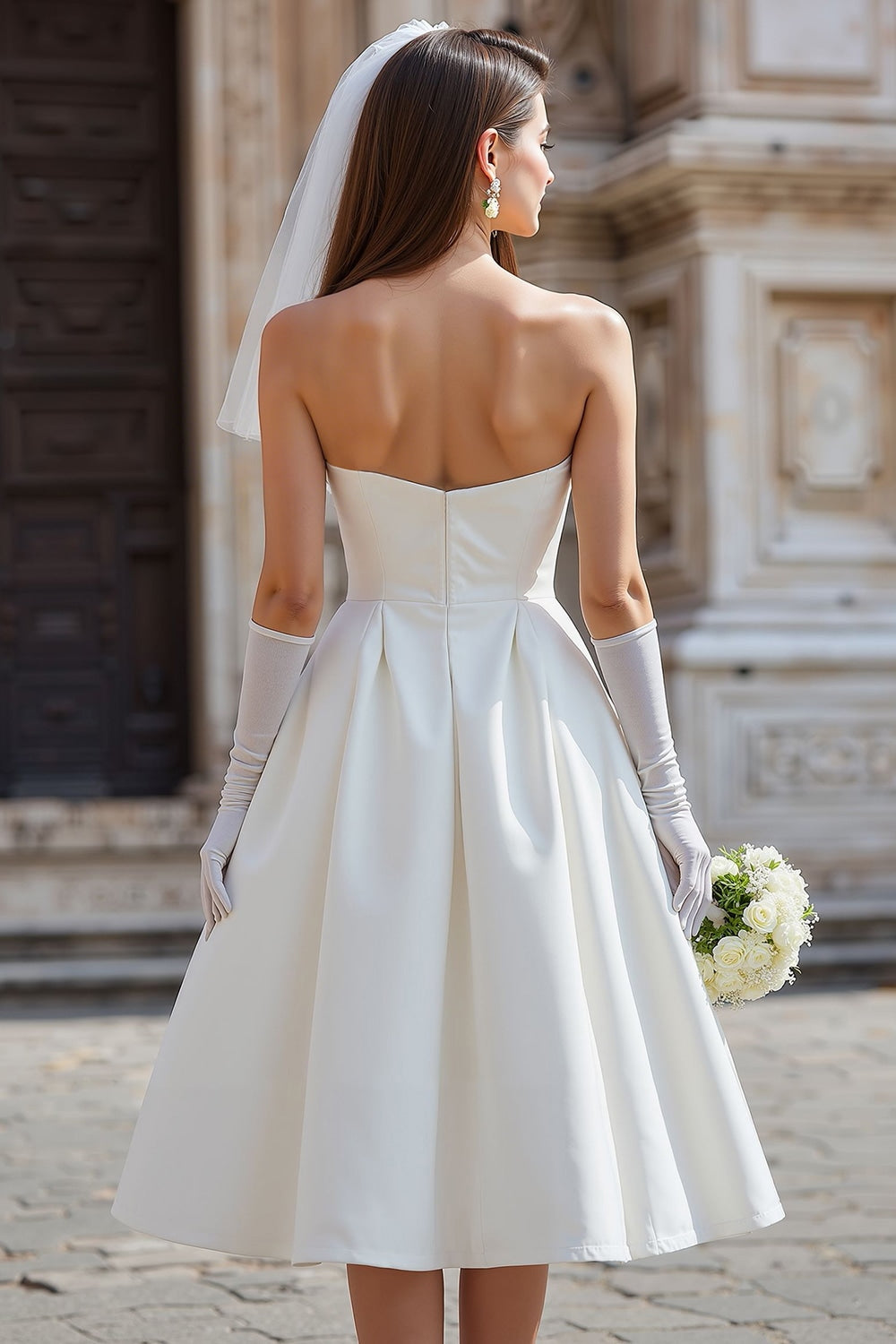 ZAPAKA Women White Satin Midi Wedding Dress without Gloves Strapless A Line Engagement Dress with Bow, White / US26W ZAPAKA Women White Satin Midi Wedding Dress without Gloves Strapless A Line Engagement Dress with Bow, White / US26W