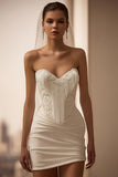 Ivory Satin Sweetheart Bodycon Short Wedding Dress with Fringes