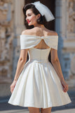White Satin Off the Shoulder A Line Short Wedding Dress with Bows