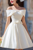 White Satin Off the Shoulder A Line Short Wedding Dress with Bows