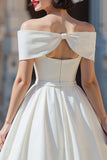 White Satin Off the Shoulder A Line Short Wedding Dress with Bows