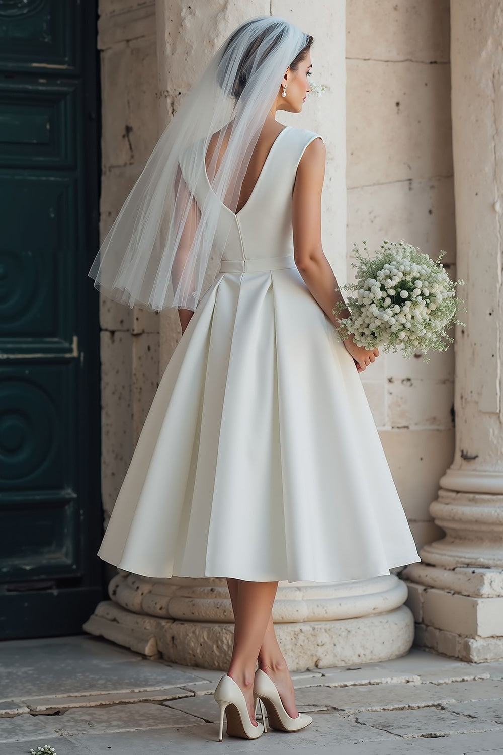 Zapaka Women White A Line Wedding Dress Round Neck Sleeveless Midi Bridal Dress, White / US24W Zapaka Women White A Line Wedding Dress Round Neck Sleeveless Midi Bridal Dress, White / US24W