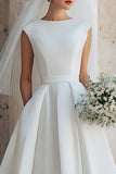 White A Line Sleeveless Round Neck Midi Wedding Dress