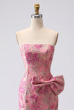 Fuchsia Mermaid Bow Strapless Jacquard Long Prom Dress with Slit