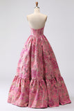 Fuchsia Jacquard A Line Corset Strapless Long Prom Dress