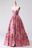 Fuchsia Jacquard A Line Corset Strapless Long Prom Dress