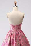 Fuchsia Jacquard A Line Corset Strapless Long Prom Dress