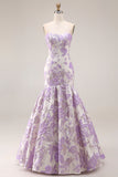 Strapless Mermaid Lilac Jacquard Satin Brocade Long Floral Prom Dress