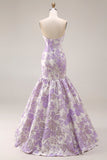 Strapless Mermaid Lilac Jacquard Satin Brocade Long Floral Prom Dress