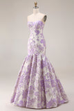 Strapless Mermaid Lilac Jacquard Satin Brocade Long Floral Prom Dress