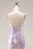 Strapless Mermaid Lilac Jacquard Satin Brocade Long Floral Prom Dress