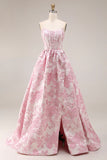 Pink Floral Strapless Corset Jacquard Brocade A-Line Long Prom Dress with Slit