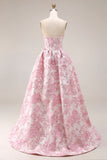 Pink Floral Strapless Corset Jacquard Brocade A-Line Long Prom Dress with Slit