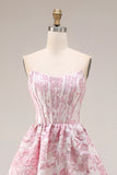 Pink Floral Strapless Corset Jacquard Brocade A-Line Long Prom Dress with Slit