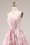 Pink Floral Strapless Corset Jacquard Brocade A-Line Long Prom Dress with Slit
