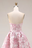 Pink Floral Strapless Corset Jacquard Brocade A-Line Long Prom Dress with Slit
