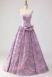 Lilac A-Line Strapless Ruched Jacquard Satin Brocade Long Prom Dress with Bow