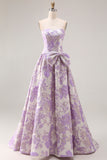 Strapless Lilac A-Line Jacquard Brocade Long Prom Dress with Bow