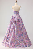 Lilac A-Line Strapless Ruched Jacquard Satin Brocade Long Prom Dress with Bow