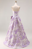 Strapless Lilac A-Line Jacquard Brocade Long Prom Dress with Bow