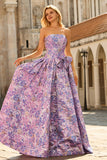 Strapless Lilac A-Line Ruched Jacquard Satin Brocade Long Prom Dress with Bow