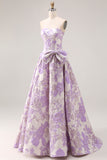 Strapless Lilac A-Line Jacquard Brocade Long Prom Dress with Bow