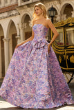 Strapless Lilac A-Line Ruched Jacquard Satin Brocade Long Prom Dress with Bow