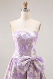 Strapless Lilac A-Line Jacquard Brocade Long Prom Dress with Bow