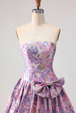 Lilac A-Line Strapless Ruched Jacquard Satin Brocade Long Prom Dress with Bow